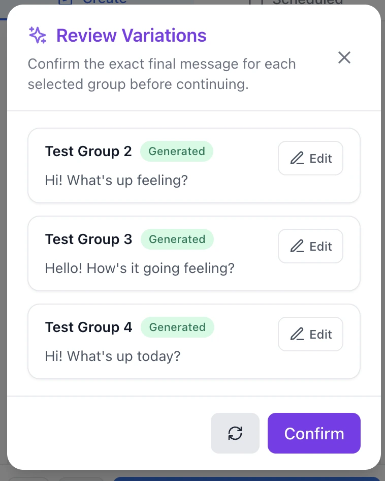Review Variations modal showing generated messages for selected Facebook groups