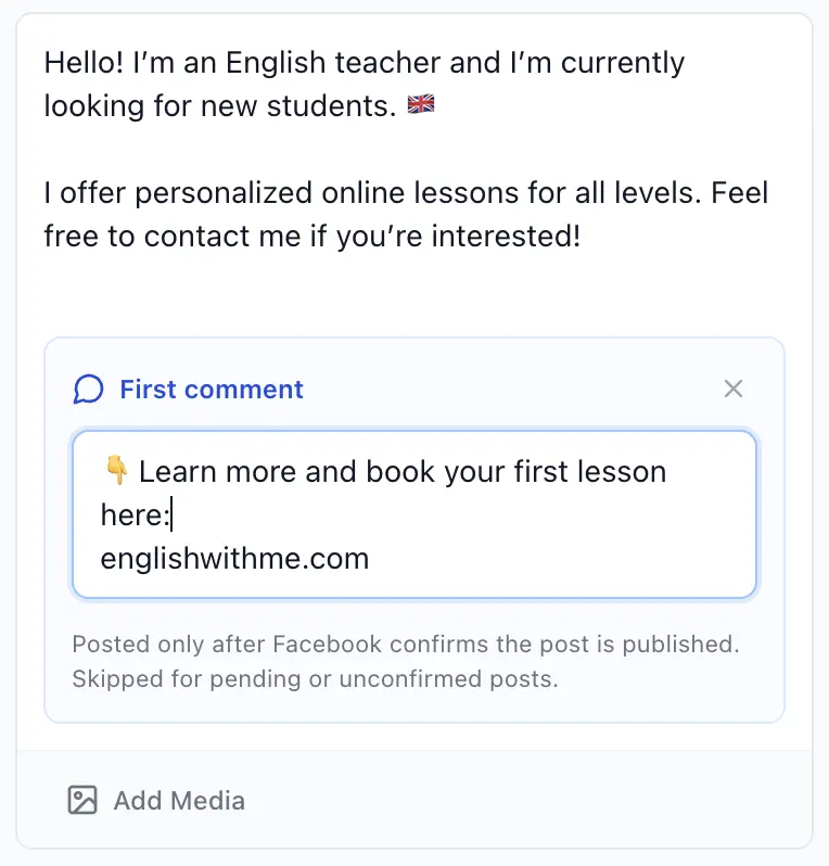 AI Groups Poster editor with a Facebook group post and first comment