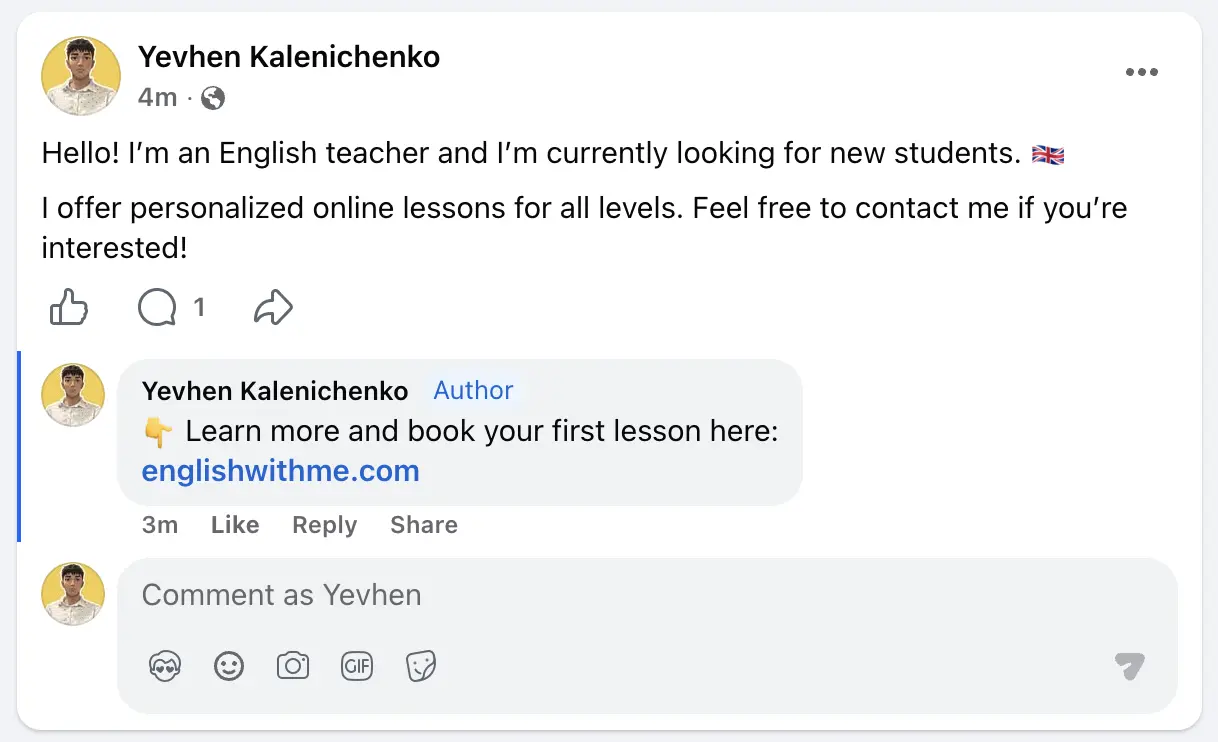 Facebook group post with the saved first comment published below it