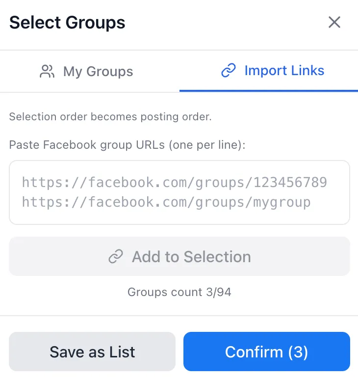Import Links tab for adding Facebook group URLs manually
