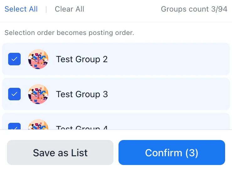 Selected Facebook groups shown in order before confirming