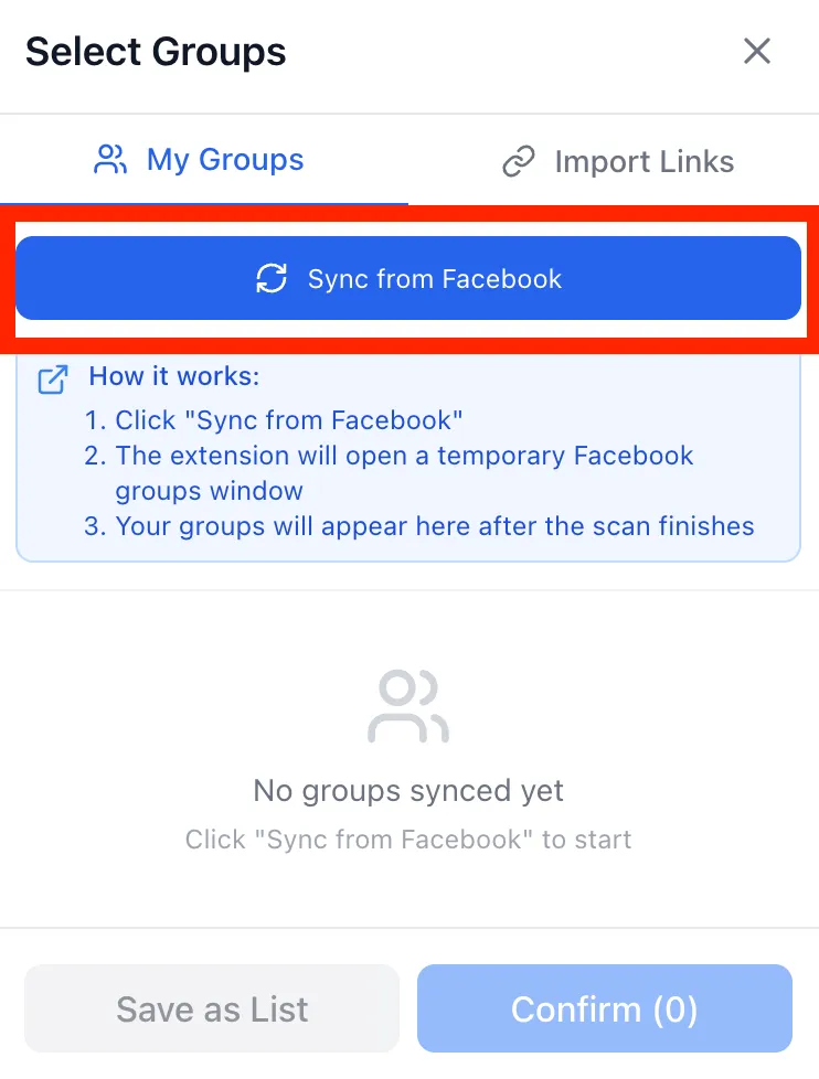Select Groups modal with Sync from Facebook button