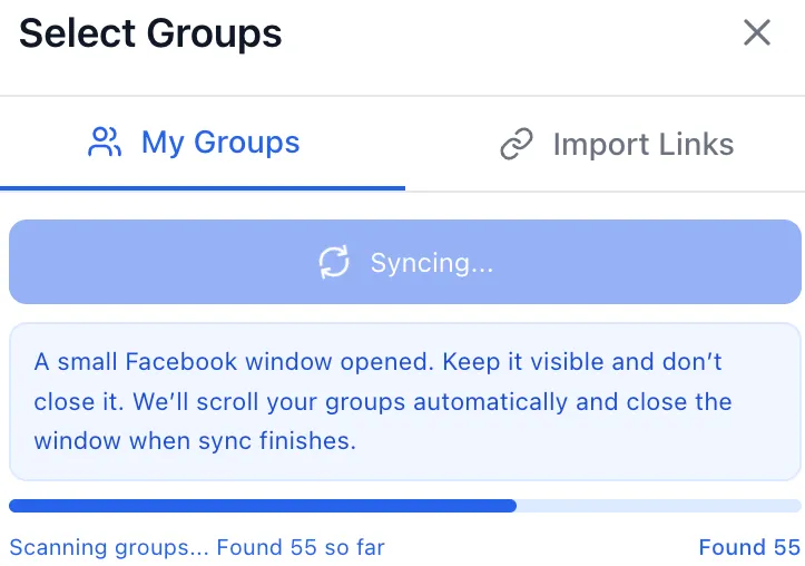 Facebook group sync progress showing groups found