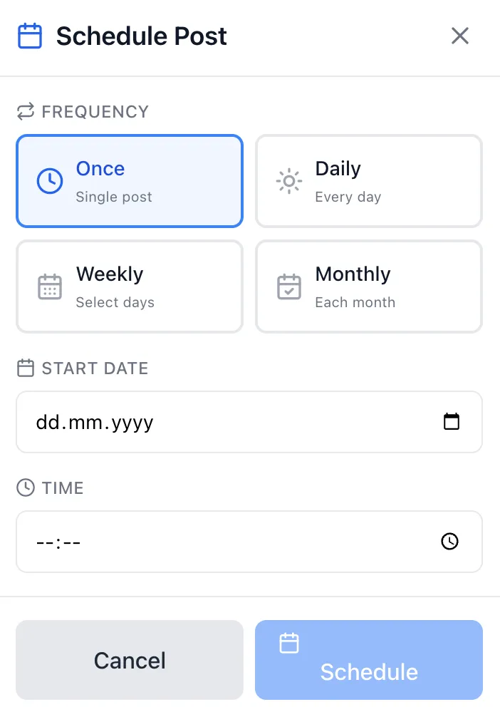 AI Groups Poster Schedule Post modal with Once frequency, start date, and time fields