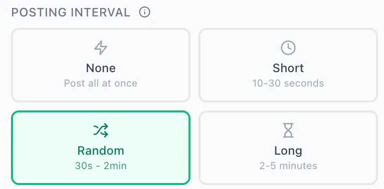AI Groups Poster posting interval controls with Random interval selected
