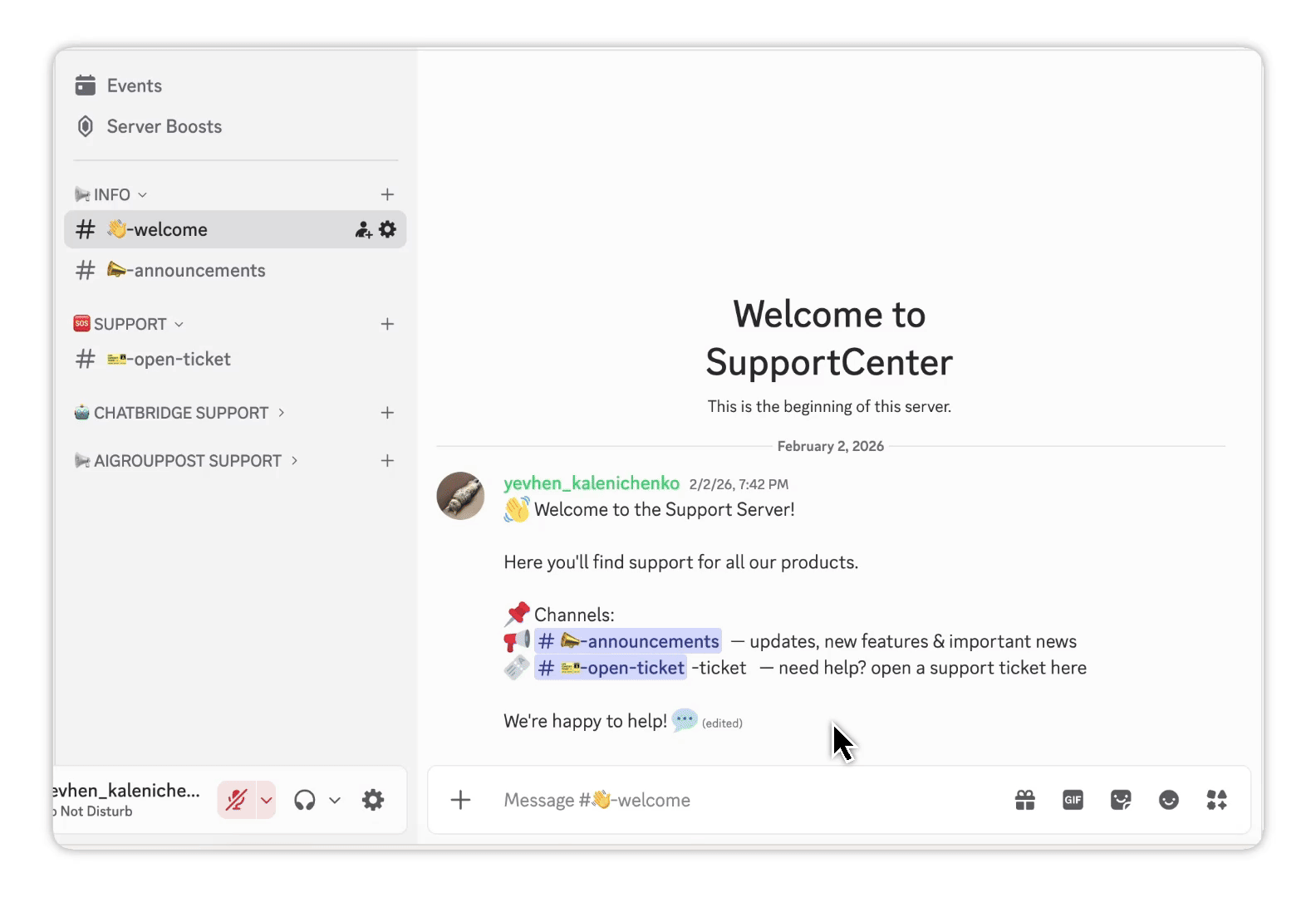 Animated guide showing how to open a support ticket in the AI Groups Poster Discord server